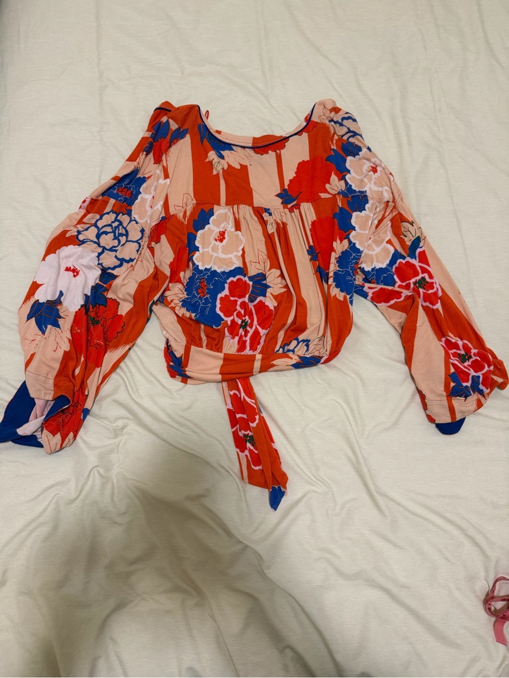 Free People Floral Tie-Front Blouse in Coral, Blue and Cream
